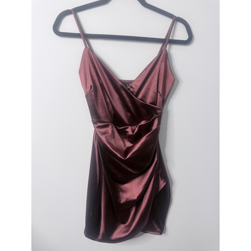 Windsor Burgundy Satin Cowl Neck Ruched Y2K Mini Dress Small